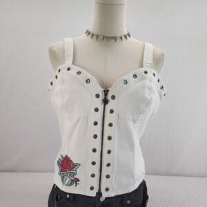 Harley Davidson Embroidered Rose White Denim‎ Corset Top Eyelet Detail L
